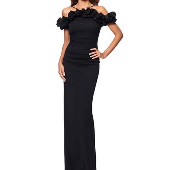 Xscape Black Ruffle Off the Shoulder Crepe Body-Con Gown - Picture 1 of 3